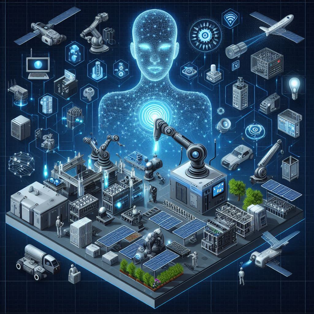 AI Automation Intelligent Corp with machines, 6-axis robots, SCARA, RFID, tracking, pick-and-place elements, solar systems, inspection cameras, and a symbolic representation of an AI assistant (3)