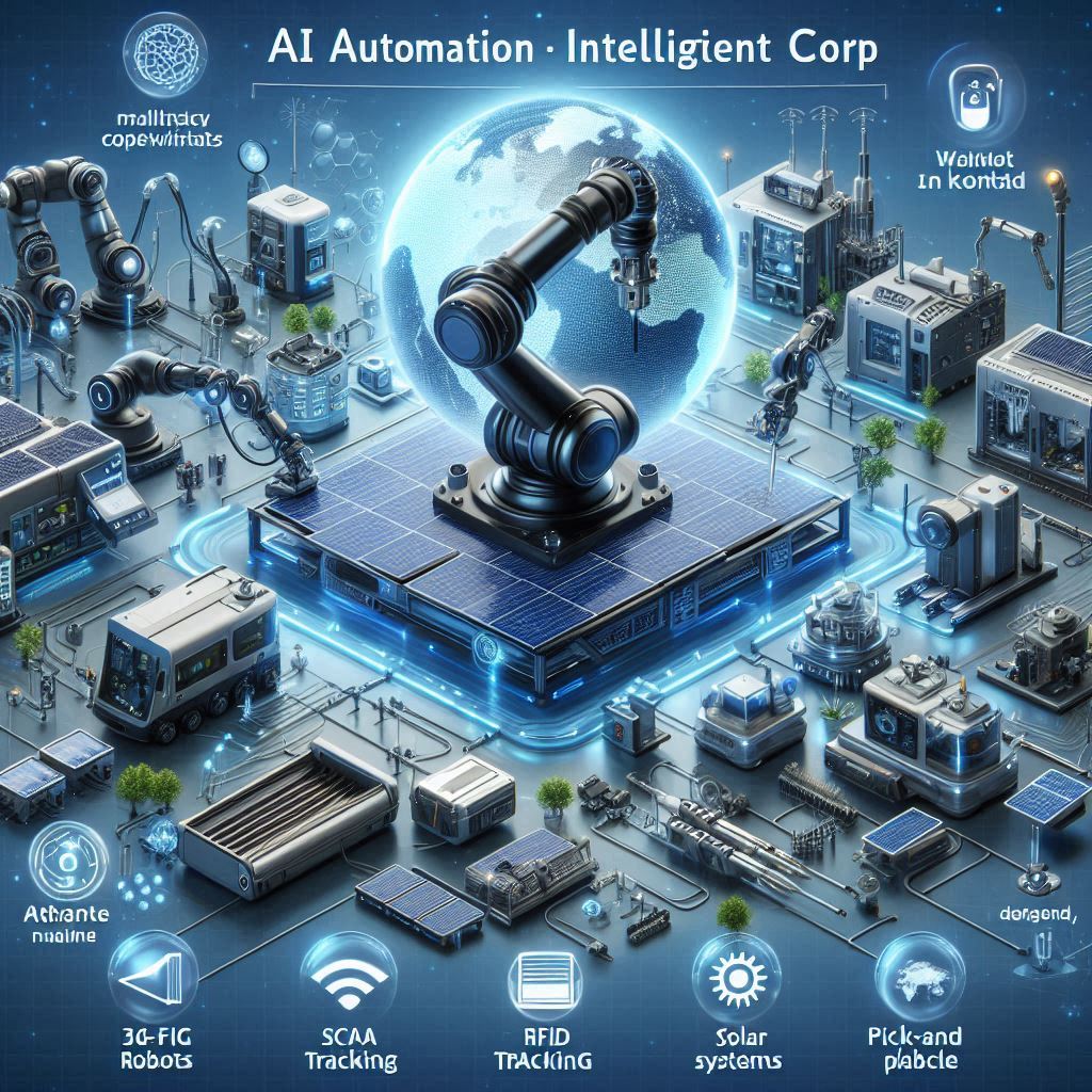 realistic illustration of AI Automation Intelligent Corp with machines, 6-axis robots, SCARA, RFID, tracking, pick-and-place elements, solar systems, and the company name