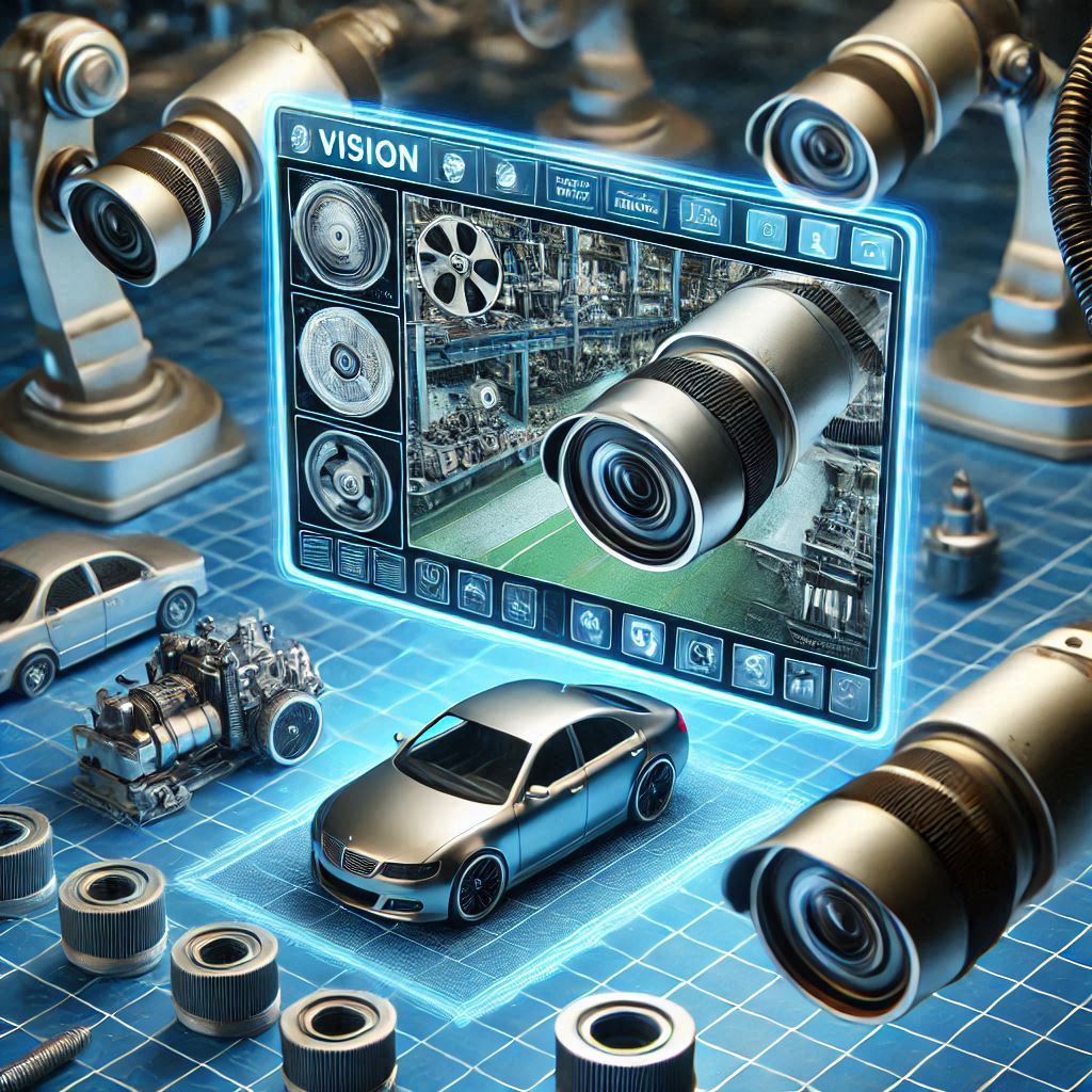 realistic image illustrating vision systems, using Vision Labs cameras and software to inspect and analyze objects, improving accuracy and quality in production